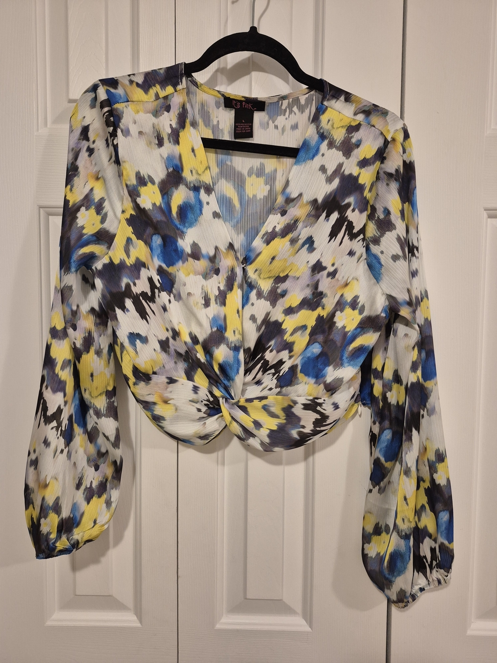 mark. Abstract Yellow Blue Twist-Front V-Neck Blouse